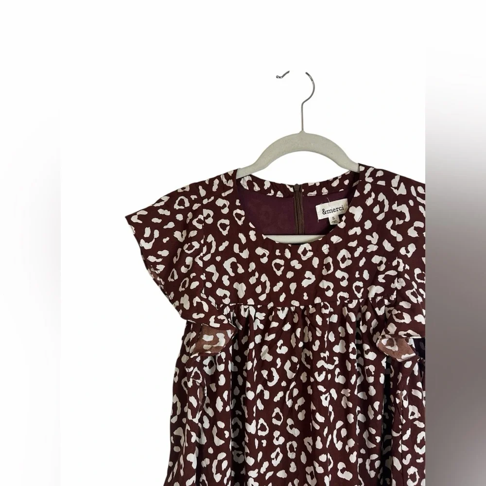 &merci Brown & White Leopard Ruffle Short Sleeve Swing Dress Women’s Sz Small - Picture 13 of 13